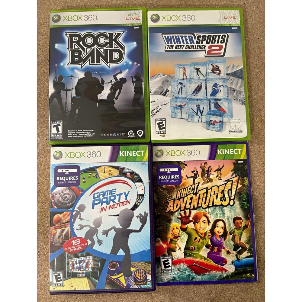 Xbox 360 Game Lot of 4 w/ Cases: Rock Band | Winter Sports | Kinect Party Games